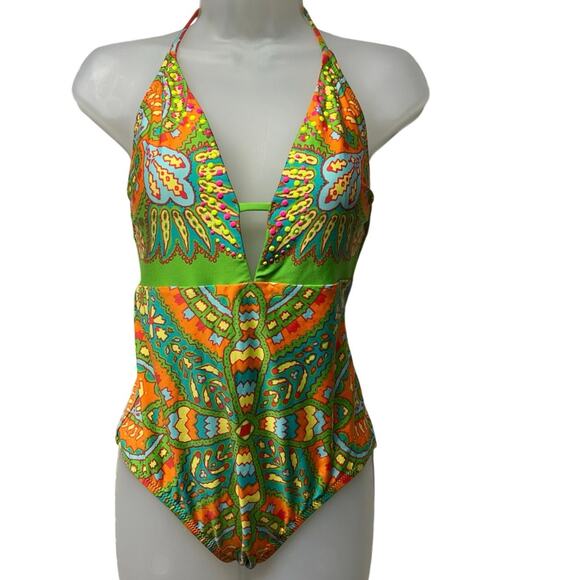 Nanette Lepore Carnival Goddess 1 Piece Swimsuit Multicolor Paisley Size Medium - Picture 1 of 5